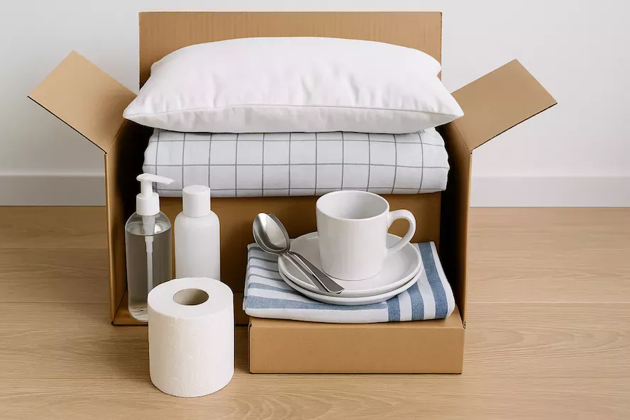 "Flyttkartong med nödvändigheter för första natten i nytt hem – innehåller toalettartiklar, sängkläder och köksprylar för en smidig och bekväm inflyttning"